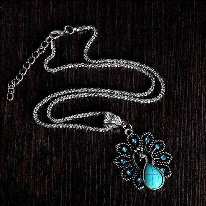 Turquoise Peacock Crystal Necklace - Floral Fawna