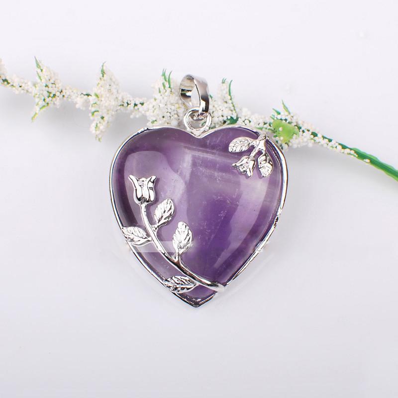 Natural Amethyst Rose Quartz Heart Pendant - Floral Fawna