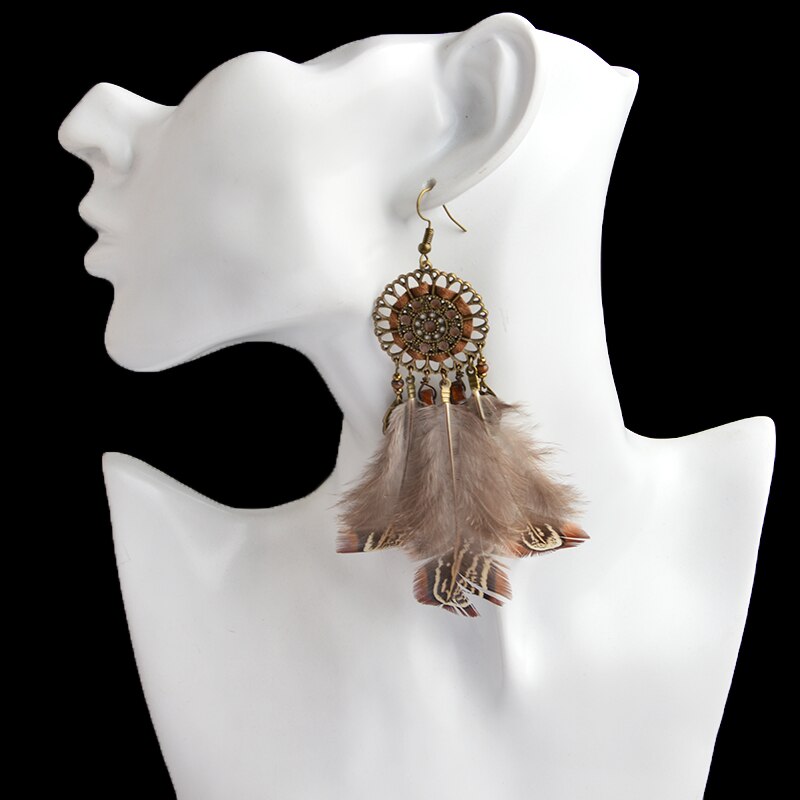 Long Feather Native Indian Dreamcatcher Earrings - Floral Fawna