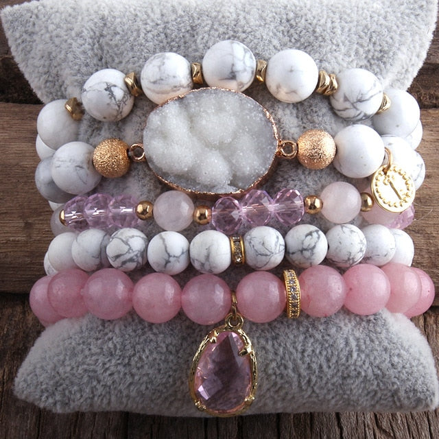 5 PC Druzy Bracelet Set - Floral Fawna