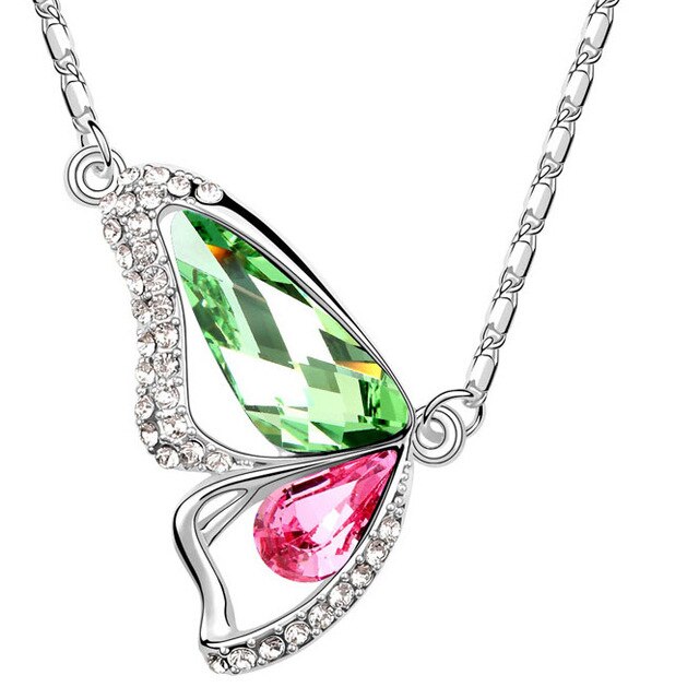 Butterfly Crystals Pendant Silver Plated Necklace - Floral Fawna