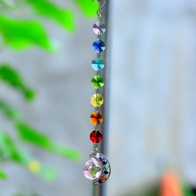 7 Chakra Moon Natural Stone Sun Catcher - Floral Fawna