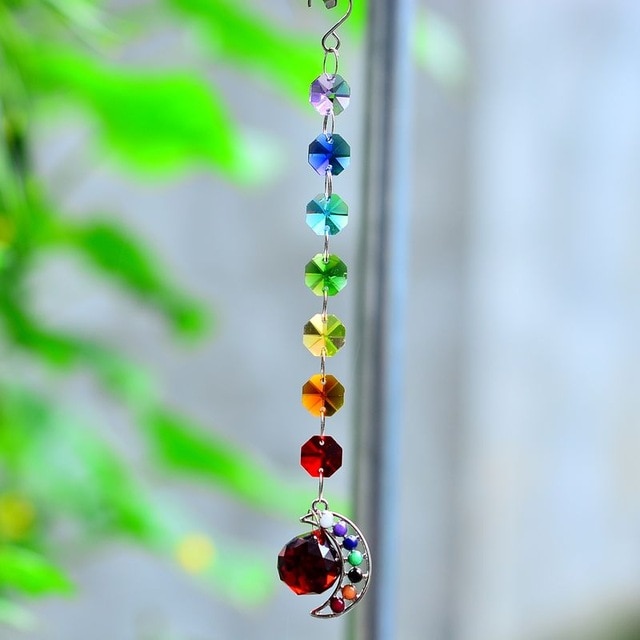 7 Chakra Moon Natural Stone Sun Catcher - Floral Fawna