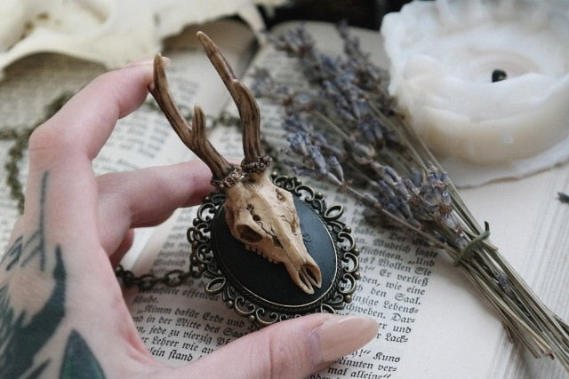 Deer Skull Cameo Necklace - Floral Fawna