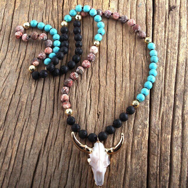 Buffalo Skull Real Stone Unisex Necklace - Floral Fawna