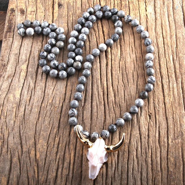 Buffalo Skull Real Stone Unisex Necklace - Floral Fawna