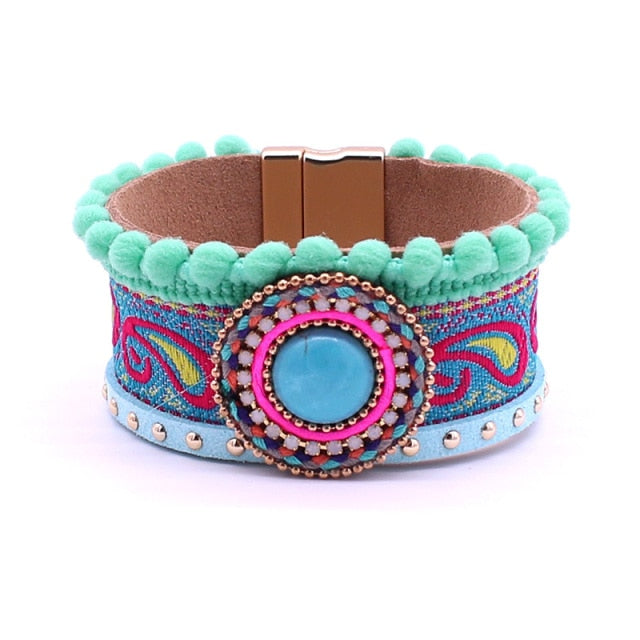 Bohemian Leather and Stone Bracelet - Floral Fawna