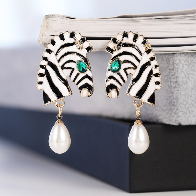 Statement Zebra Pearl Drop Earrings - Floral Fawna