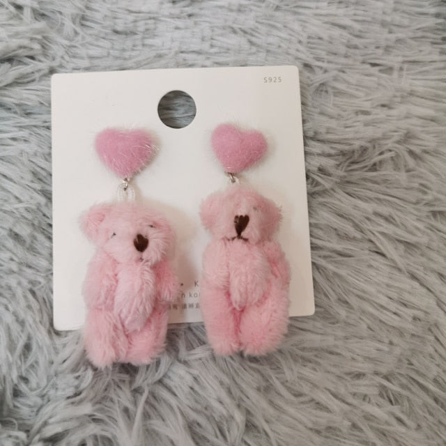 Plush Teddy Bear Heart Drop Earrings - Floral Fawna