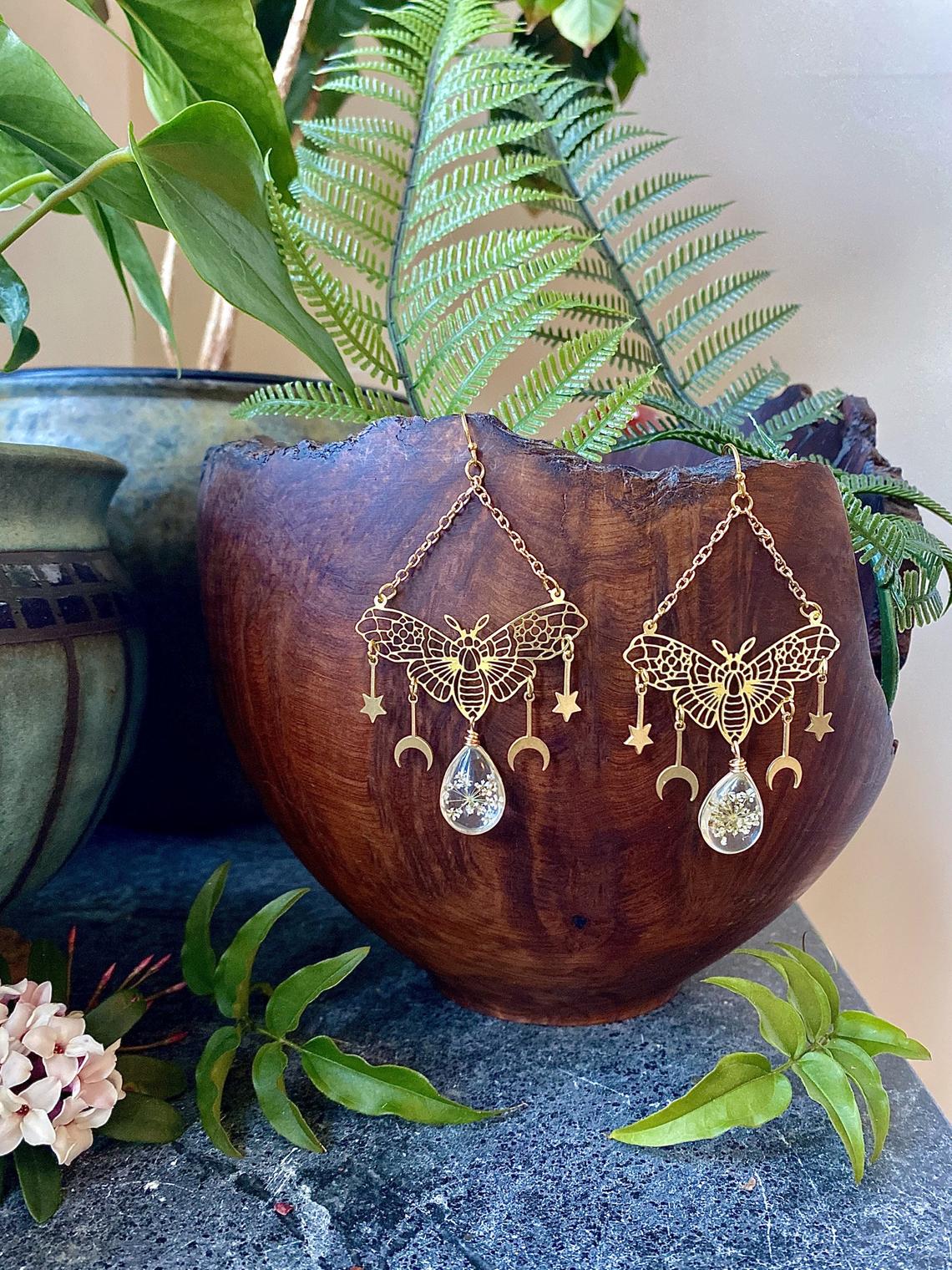 Celestial Moth Flower Earrings - Floral Fawna