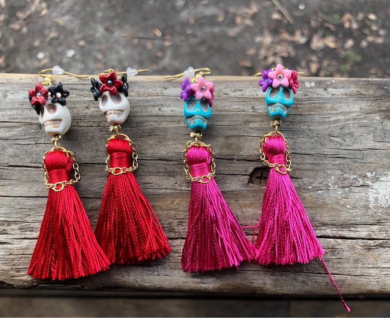 Goth Skull Tassel Earrings - Floral Fawna