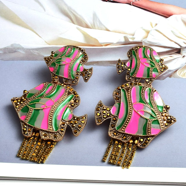 Statement Fish Tassel Earrings - Floral Fawna