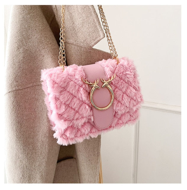 Faux Fur Deer Crossbody Bag - Floral Fawna