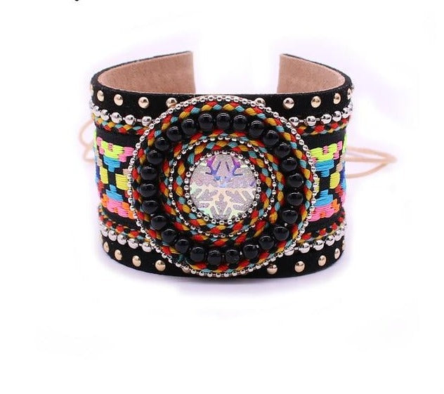 Leather Handmade Embroidered Bracelet - Floral Fawna