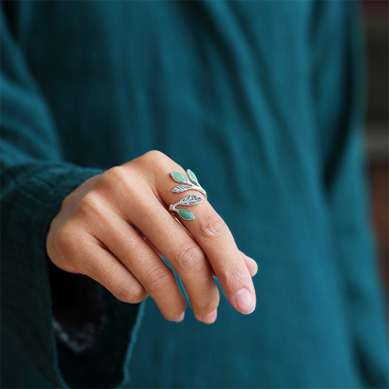 Green Aventurine Leaves Sterling Silver Ring - Floral Fawna