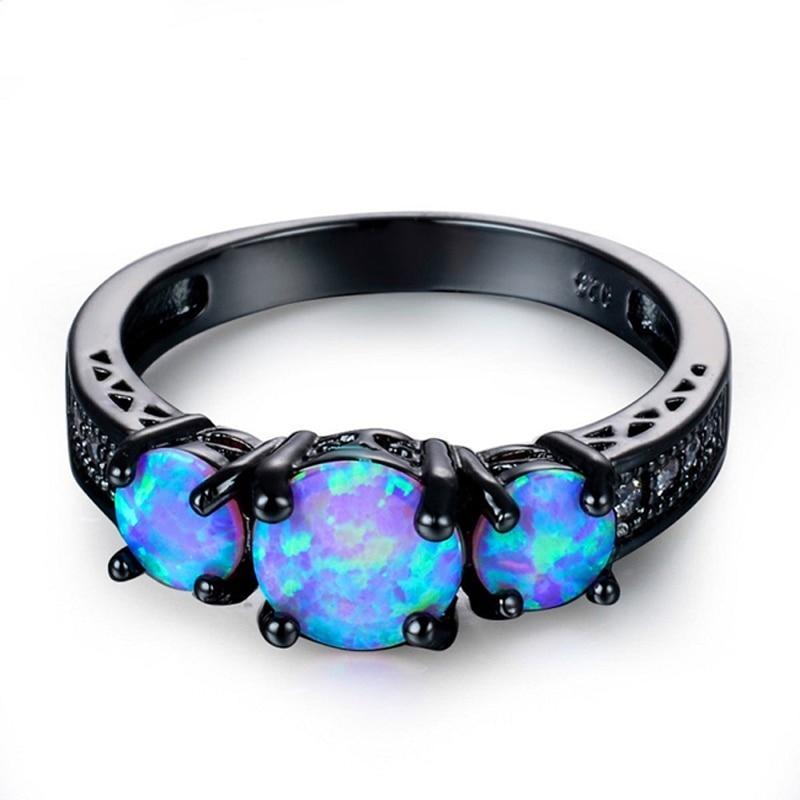 Blue Fire Opal Black Gold Ring - Floral Fawna