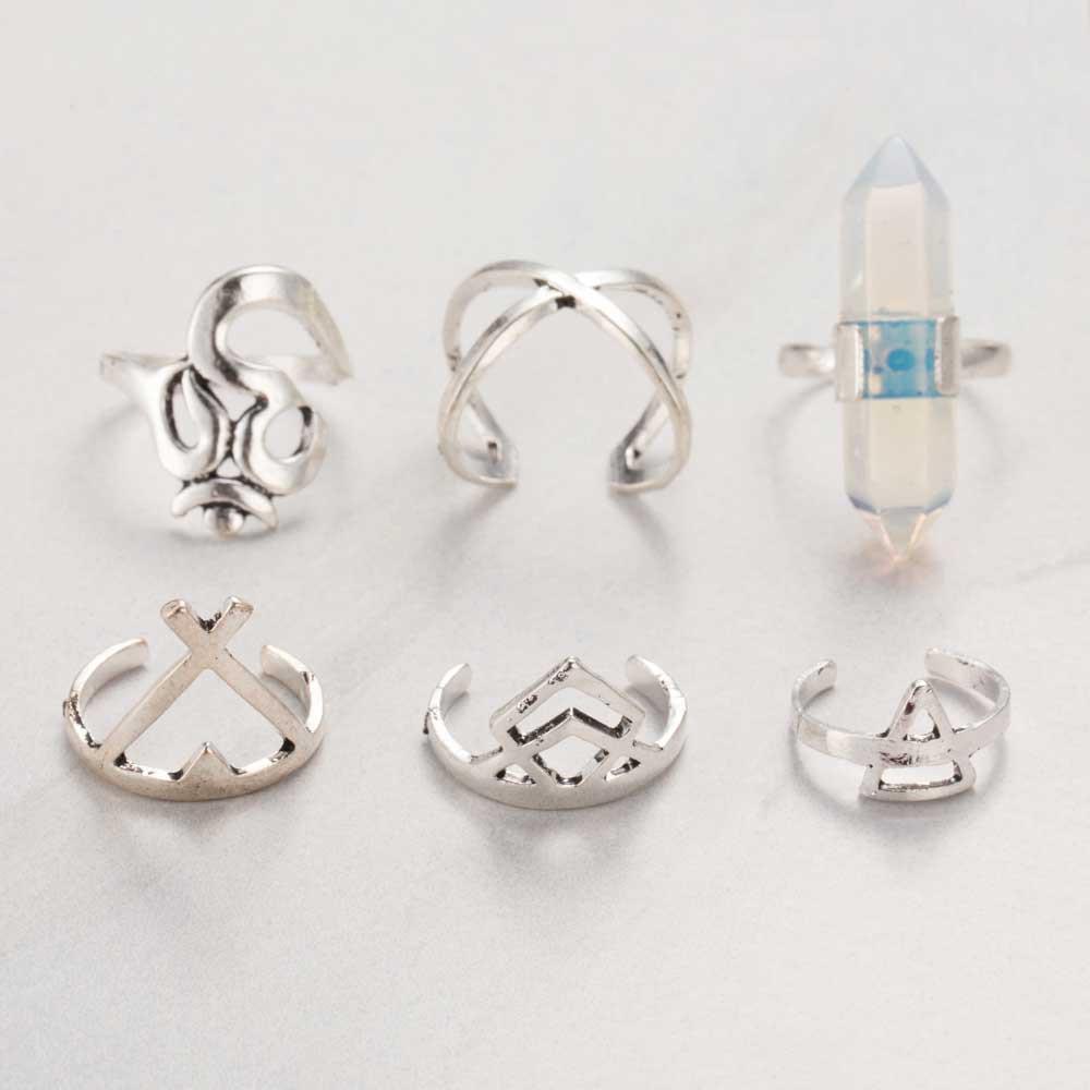 6 Pieces Boho Crystal Ring Set - Floral Fawna