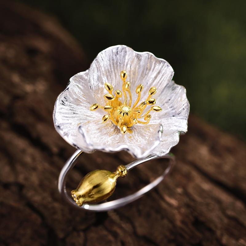 Blooming Poppy Sterling Silver Ring - Floral Fawna