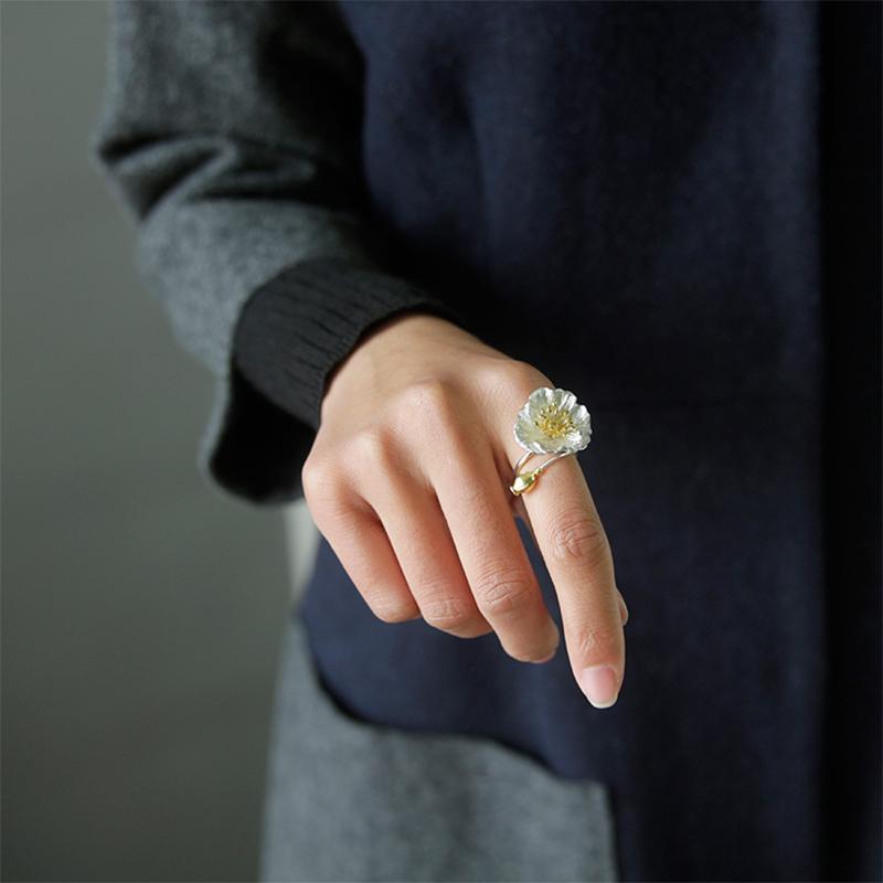 Blooming Poppy Sterling Silver Ring - Floral Fawna