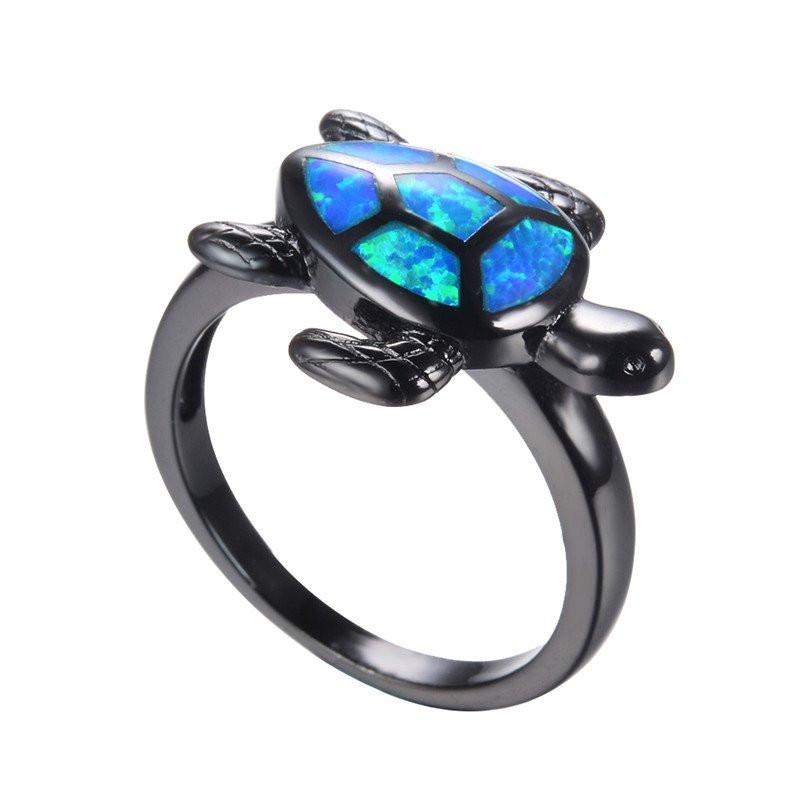 Blue Fire Opal Turtle Black Gold Ring - Floral Fawna