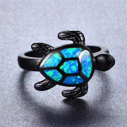 Blue Fire Opal Turtle Black Gold Ring - Floral Fawna