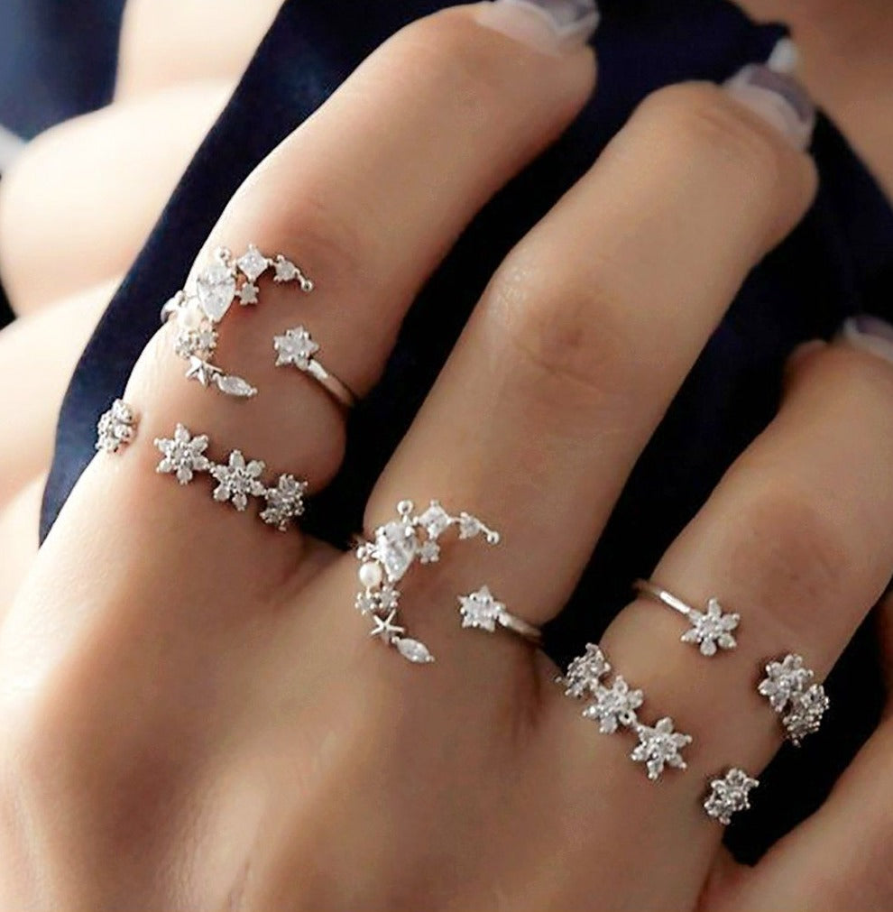 Celestial Crescent Moon & Stars Ring Set - Floral Fawna