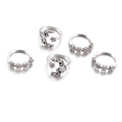 Celestial Crescent Moon &amp; Stars Ring Set - Floral Fawna