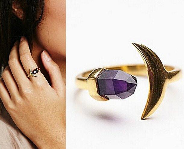 Crescent Moon &amp; Purple Crystal Wrap Ring - Floral Fawna