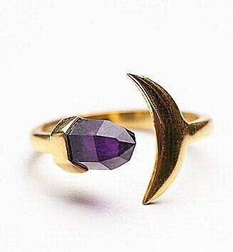 Crescent Moon &amp; Purple Crystal Wrap Ring - Floral Fawna