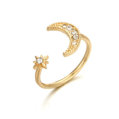 Crescent Moon &amp; Star Crystal Ring - Floral Fawna