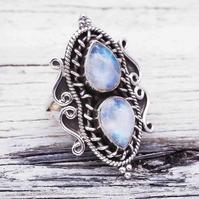 Double Water Drop Moonstone Ring - Floral Fawna