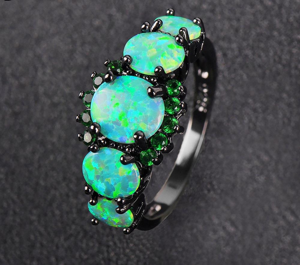 Green Fire Opal Black Gold Ring - Floral Fawna