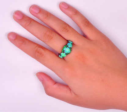 Green Fire Opal Black Gold Ring - Floral Fawna