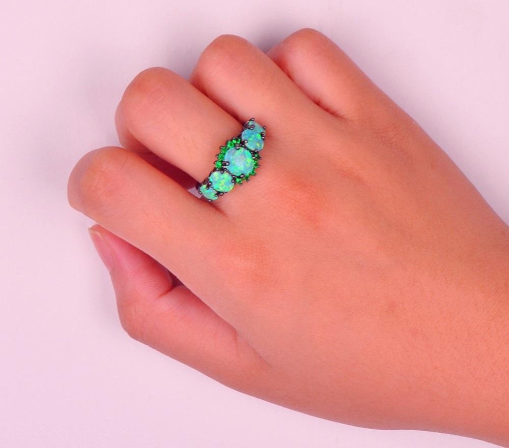 Green Fire Opal Black Gold Ring - Floral Fawna