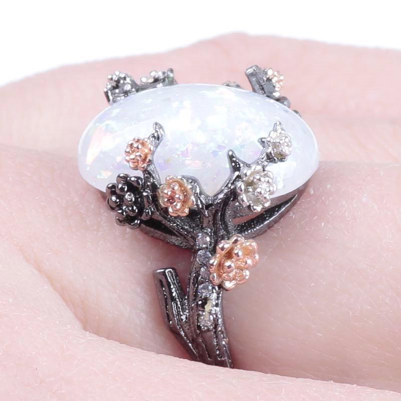 Mystical Tree Opal Black Gold Ring - Floral Fawna