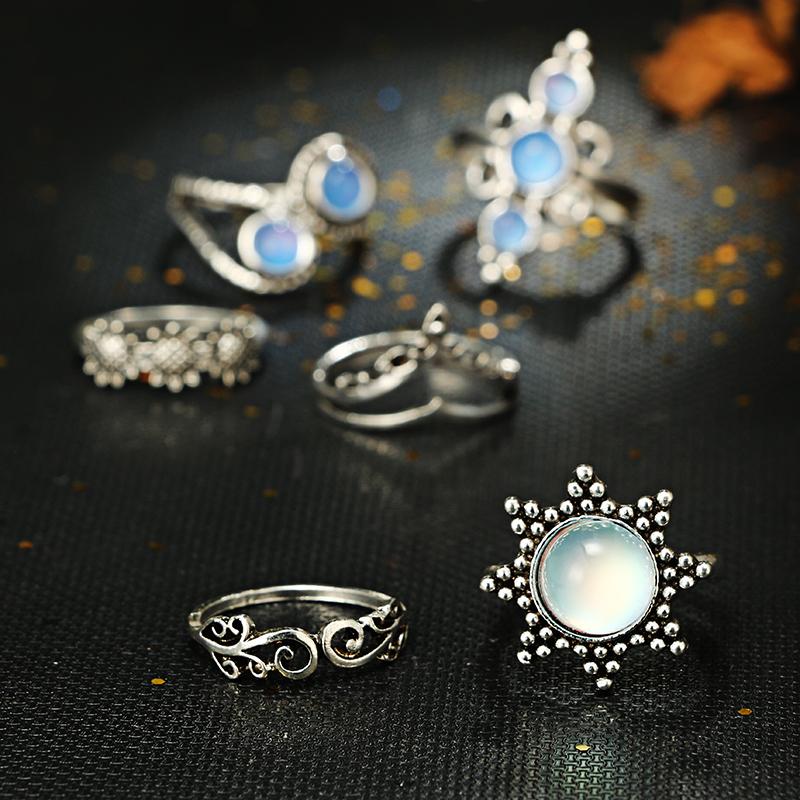 Natural Opal Stone &amp; Moonstone Ring Set - Floral Fawna