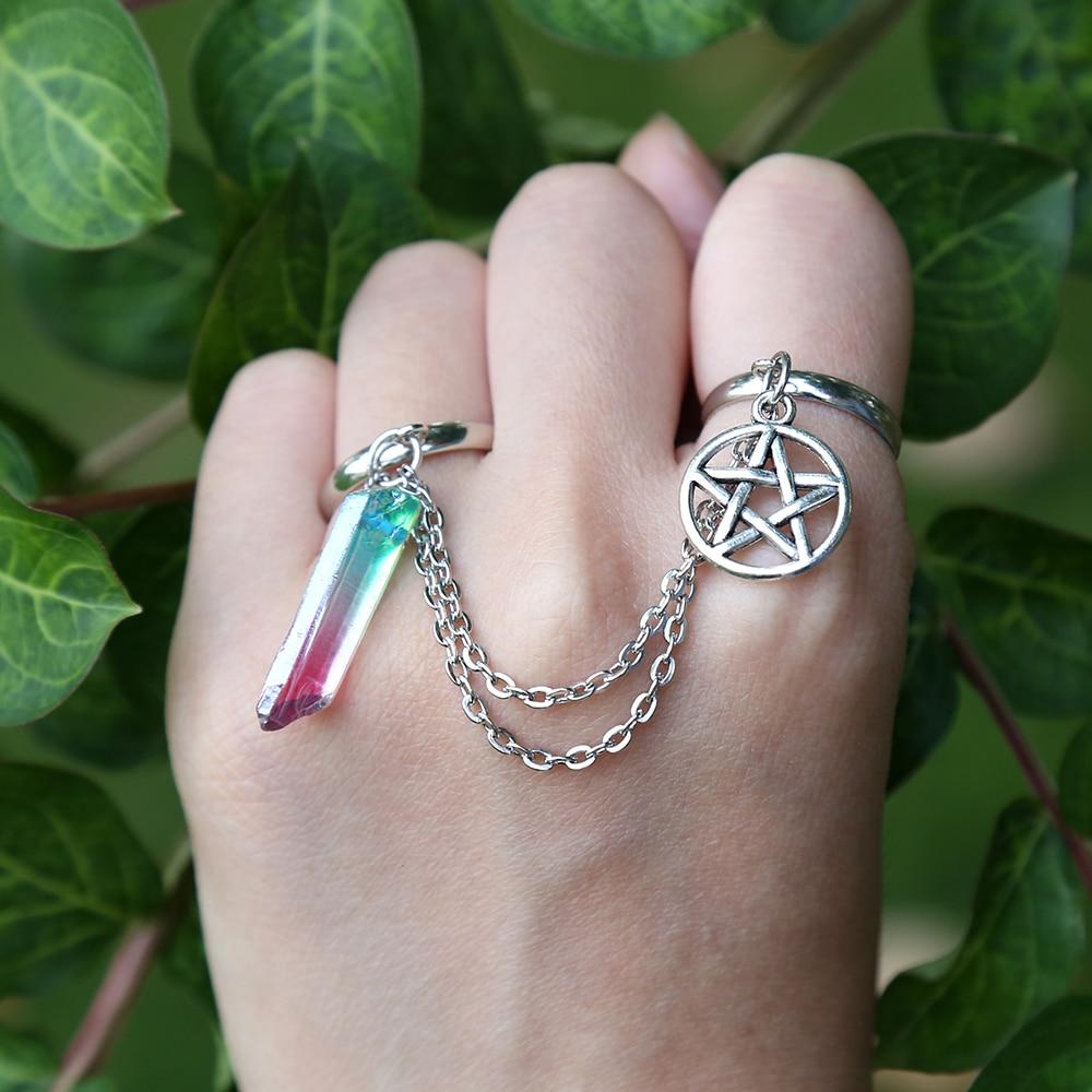 Quartz Crystal Pentagram Chain Ring - Floral Fawna