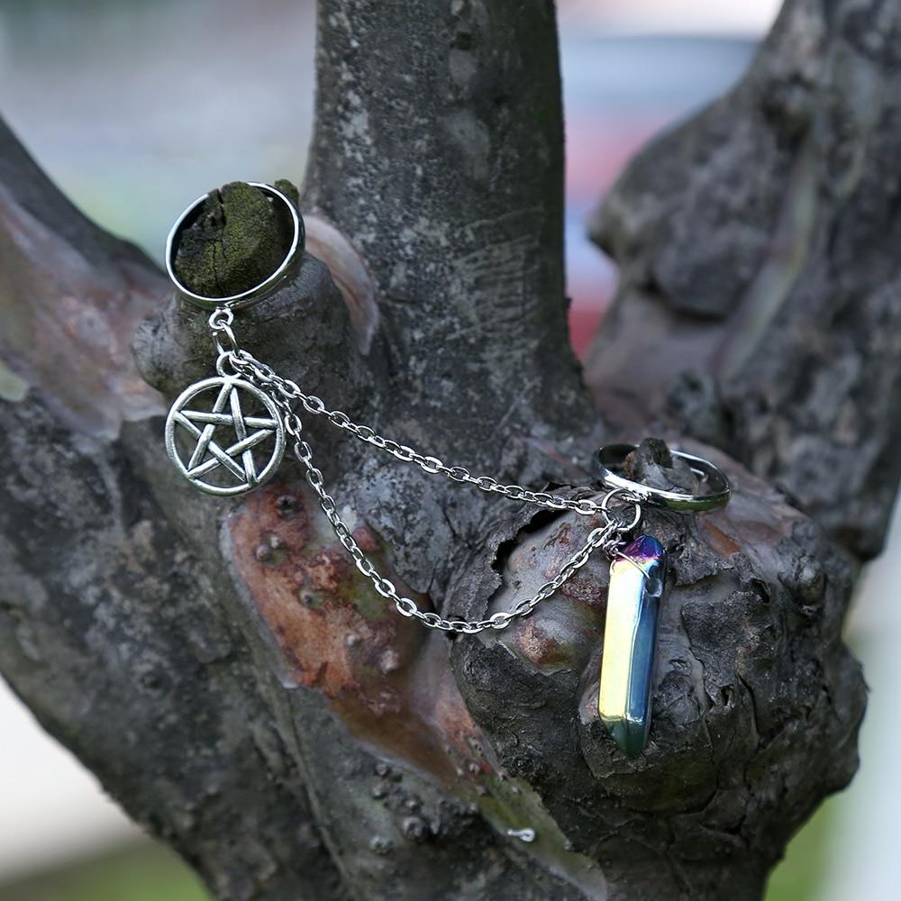 Quartz Crystal Pentagram Chain Ring - Floral Fawna