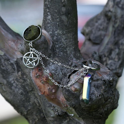 Quartz Crystal Pentagram Chain Ring - Floral Fawna