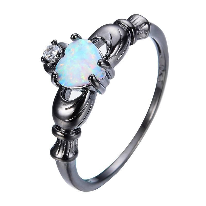 Rainbow Opal Heart Black Gold Claddagh Ring - Floral Fawna