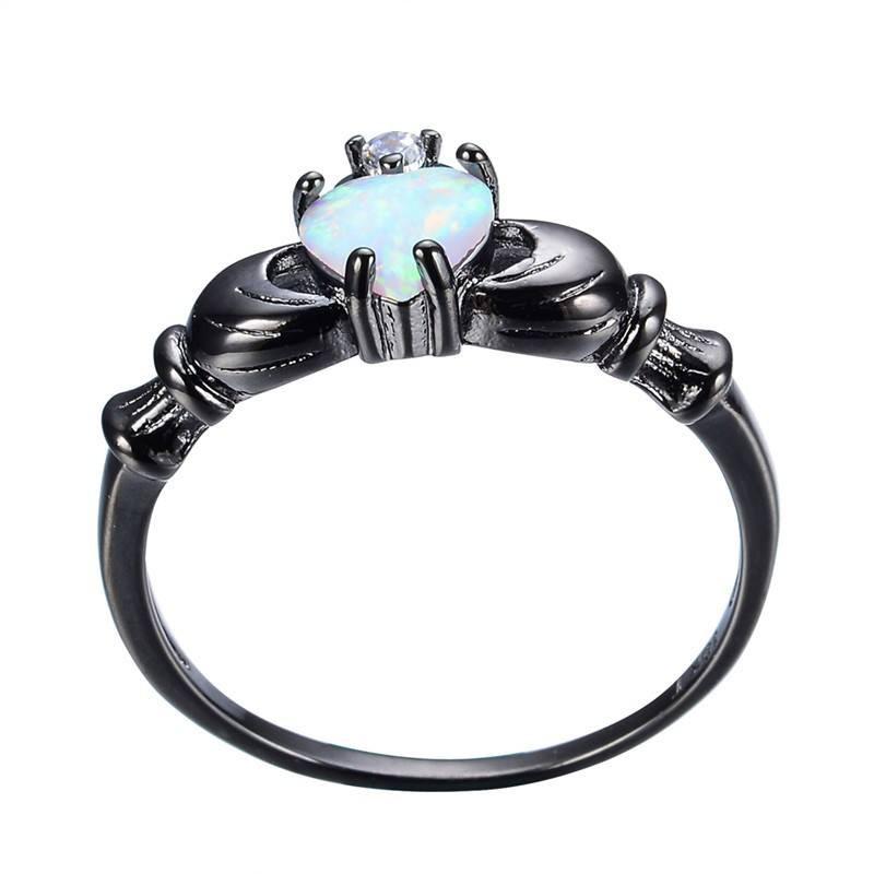 Rainbow Opal Heart Black Gold Claddagh Ring - Floral Fawna