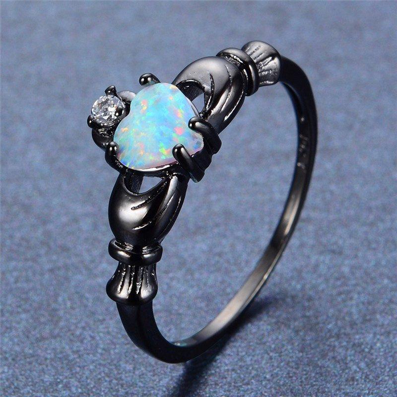 Rainbow Opal Heart Black Gold Claddagh Ring - Floral Fawna