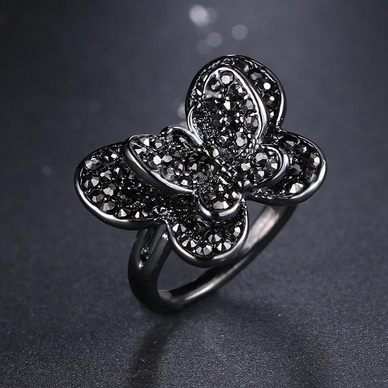 The Black Butterfly Crystal Ring - Floral Fawna