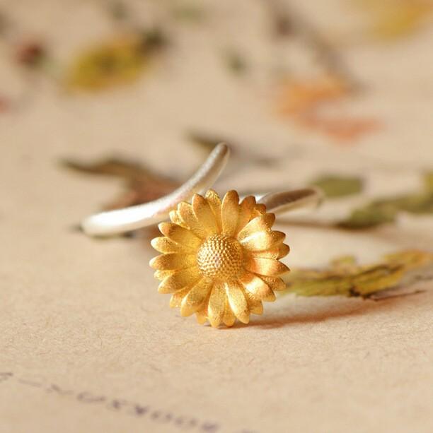 Yellow Sunflower Sterling Silver Wrap Ring - Floral Fawna