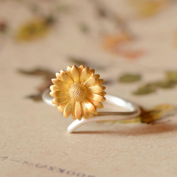 Yellow Sunflower Sterling Silver Wrap Ring - Floral Fawna