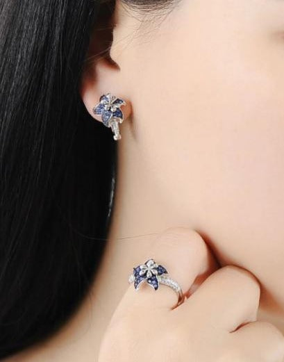 Blue Blooming Flower Silver Ring and Earrings Set - Floral Fawna