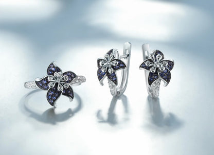 Blue Blooming Flower Silver Ring and Earrings Set - Floral Fawna